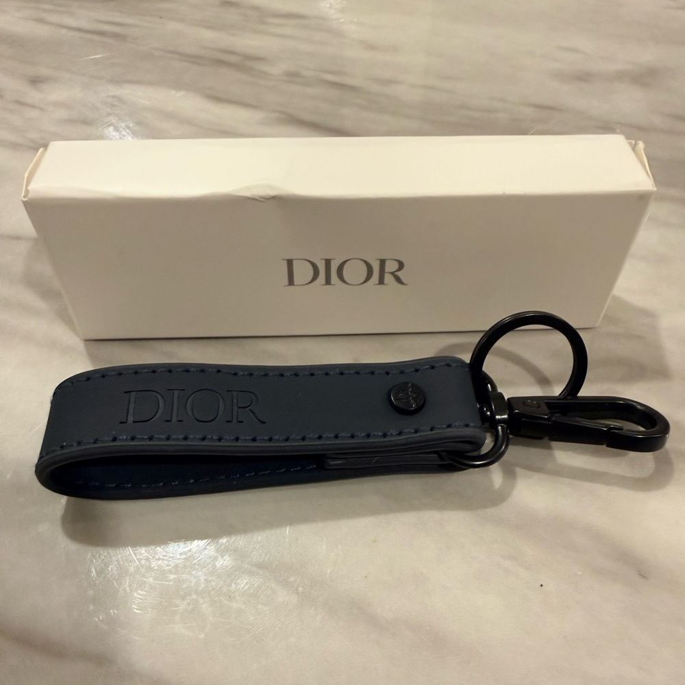 Dior Navy Blue Leather Key Holder with Black Hardware